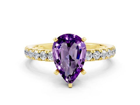 Yellow gold Pear Cut Amethyst Solitaire Ring with Pavé Accents and Four-Prong Setting