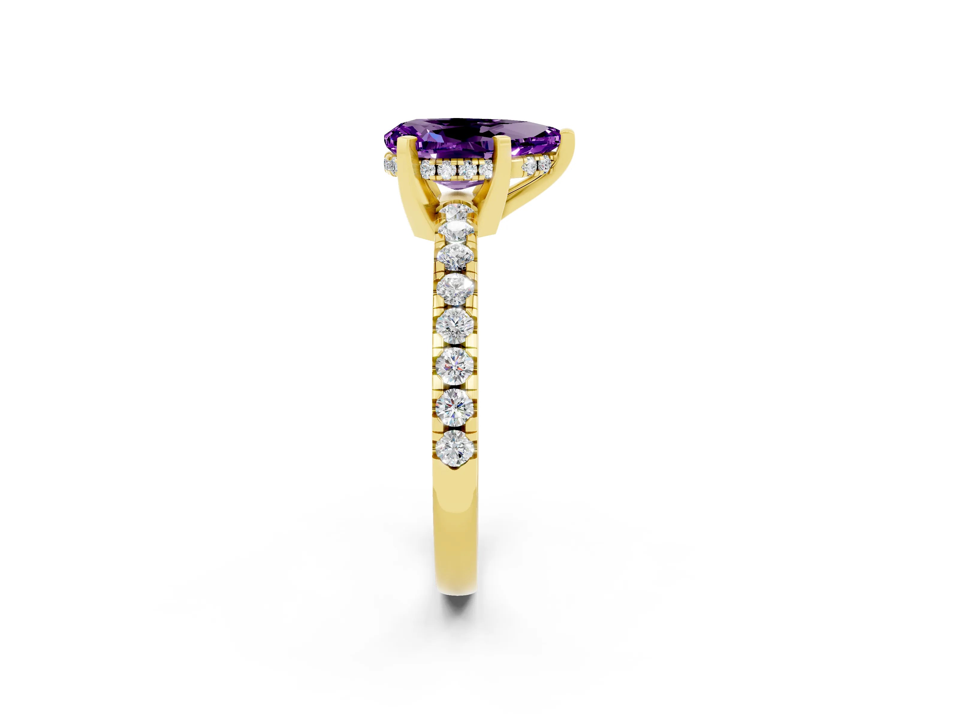 Yellow gold Pear Cut Amethyst Solitaire Ring with Pavé Band and Four-Prong Setting_14