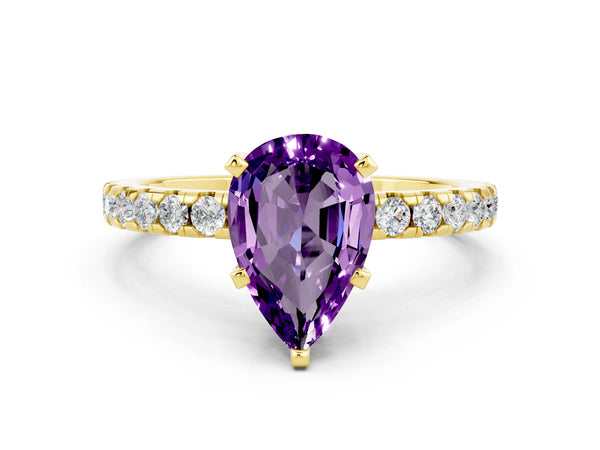 Yellow gold Pear Cut Amethyst Solitaire Ring with Round  Pavé Band and Four-Prong Setting