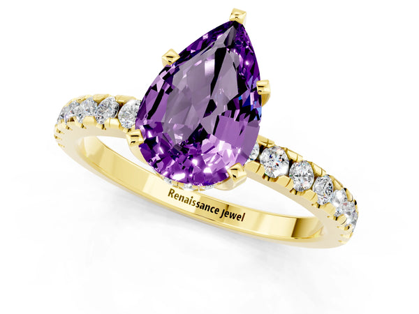 Yellow gold Pear Cut Amethyst Solitaire Ring with Round  Pavé Band and Four-Prong Setting