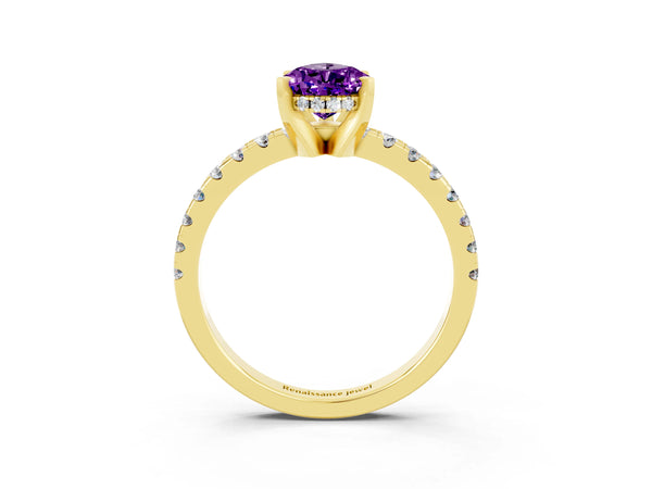 Yellow gold Pear Cut Amethyst Solitaire Ring with Round  Pavé Band and Four-Prong Setting