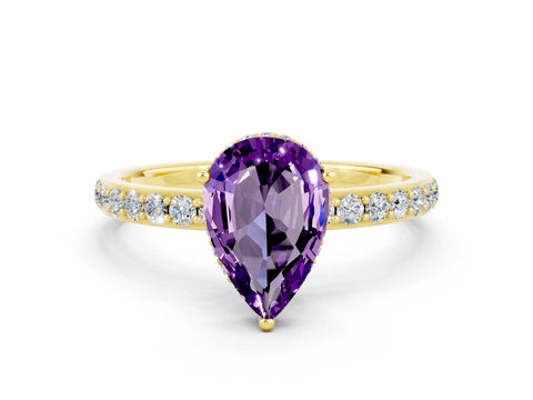Yellow gold Pear Cut Amethyst Solitaire Ring with Pavé Band and Hidden Halo_12