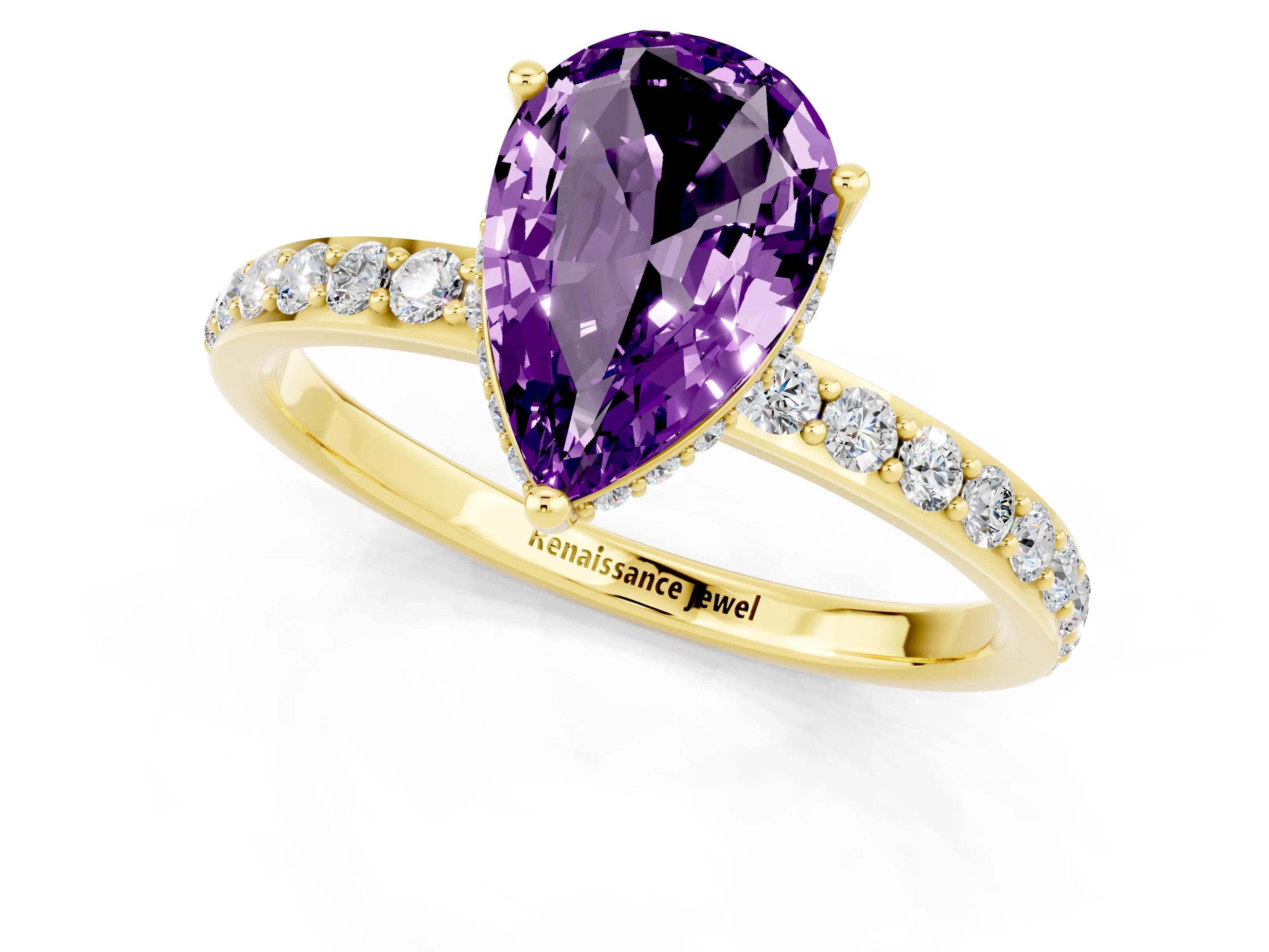 Yellow gold Pear Cut Amethyst Solitaire Ring with Pavé Band and Hidden Halo_13