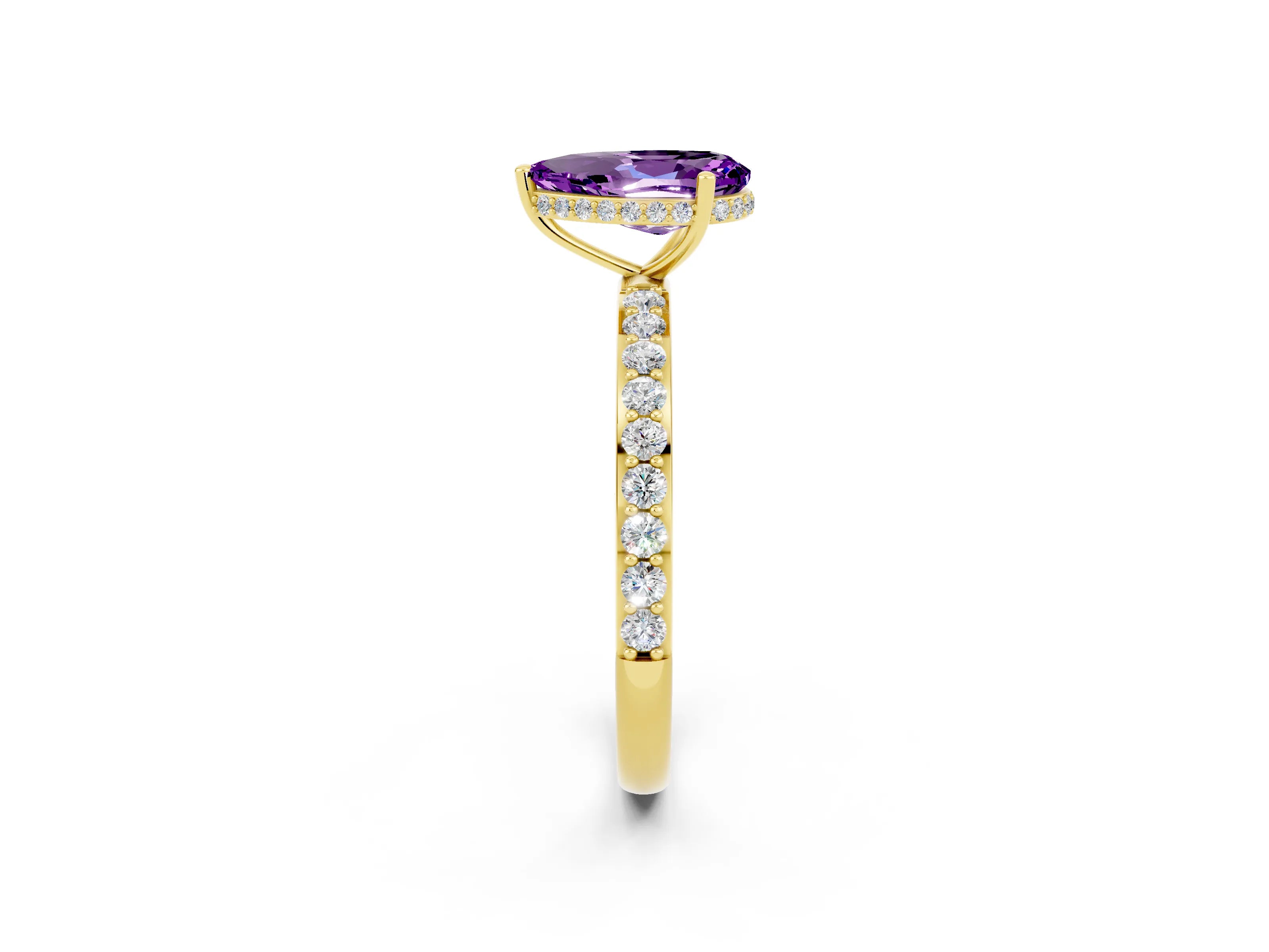 Yellow gold Pear Cut Amethyst Solitaire Ring with Pavé Band and Hidden Halo_14