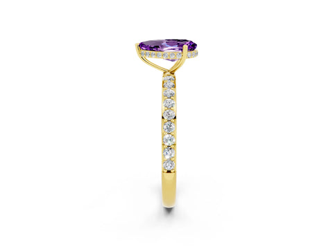 Yellow gold Pear Cut Amethyst Solitaire Ring with Pavé Band and Hidden Halo_14
