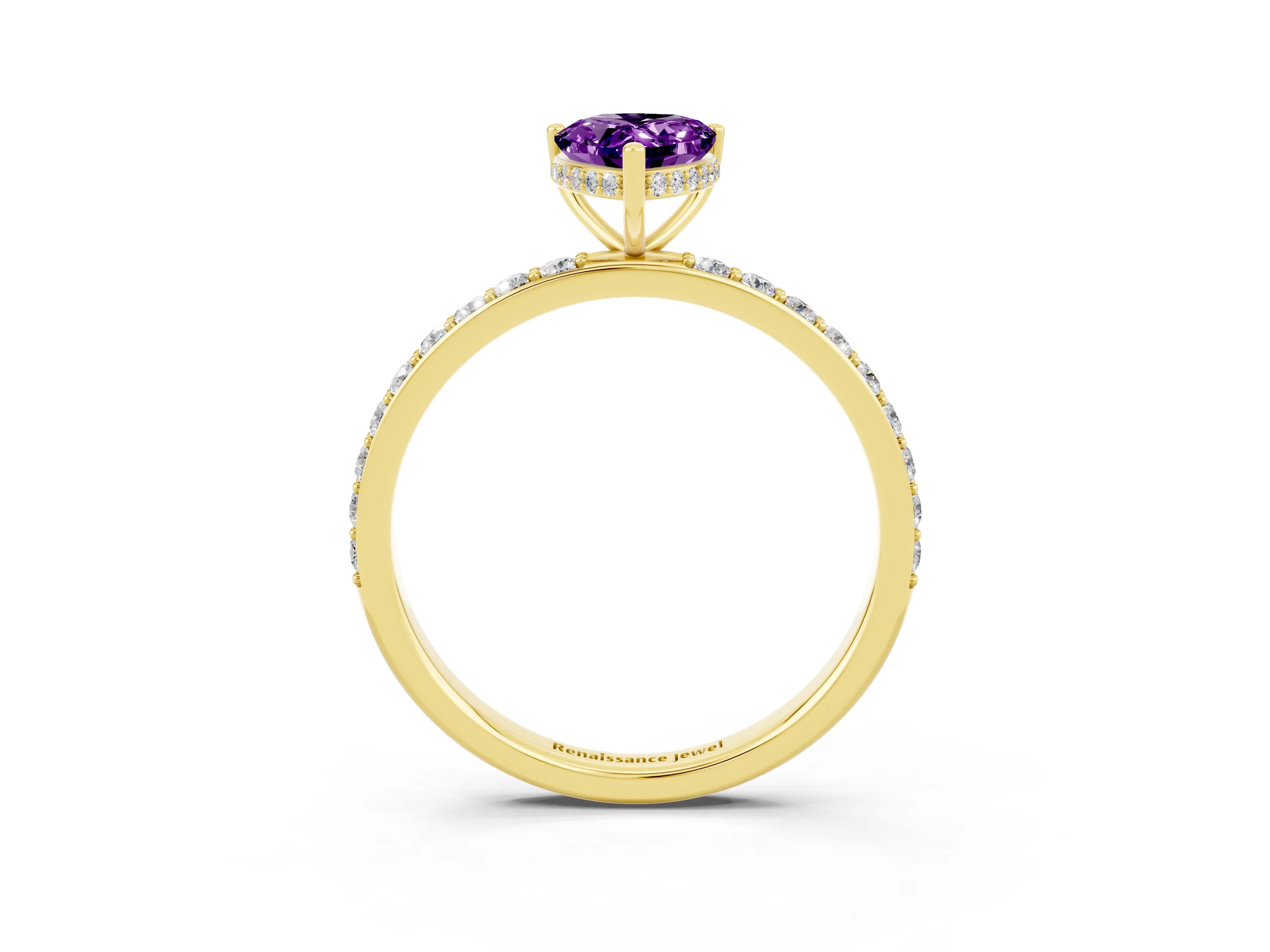 Yellow gold Pear Cut Amethyst Solitaire Ring with Pavé Band and Hidden Halo_15