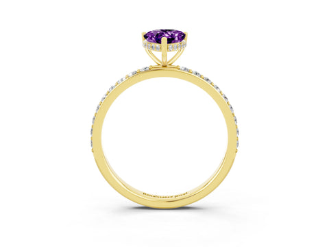 Yellow gold Pear Cut Amethyst Solitaire Ring with Pavé Band and Hidden Halo_15