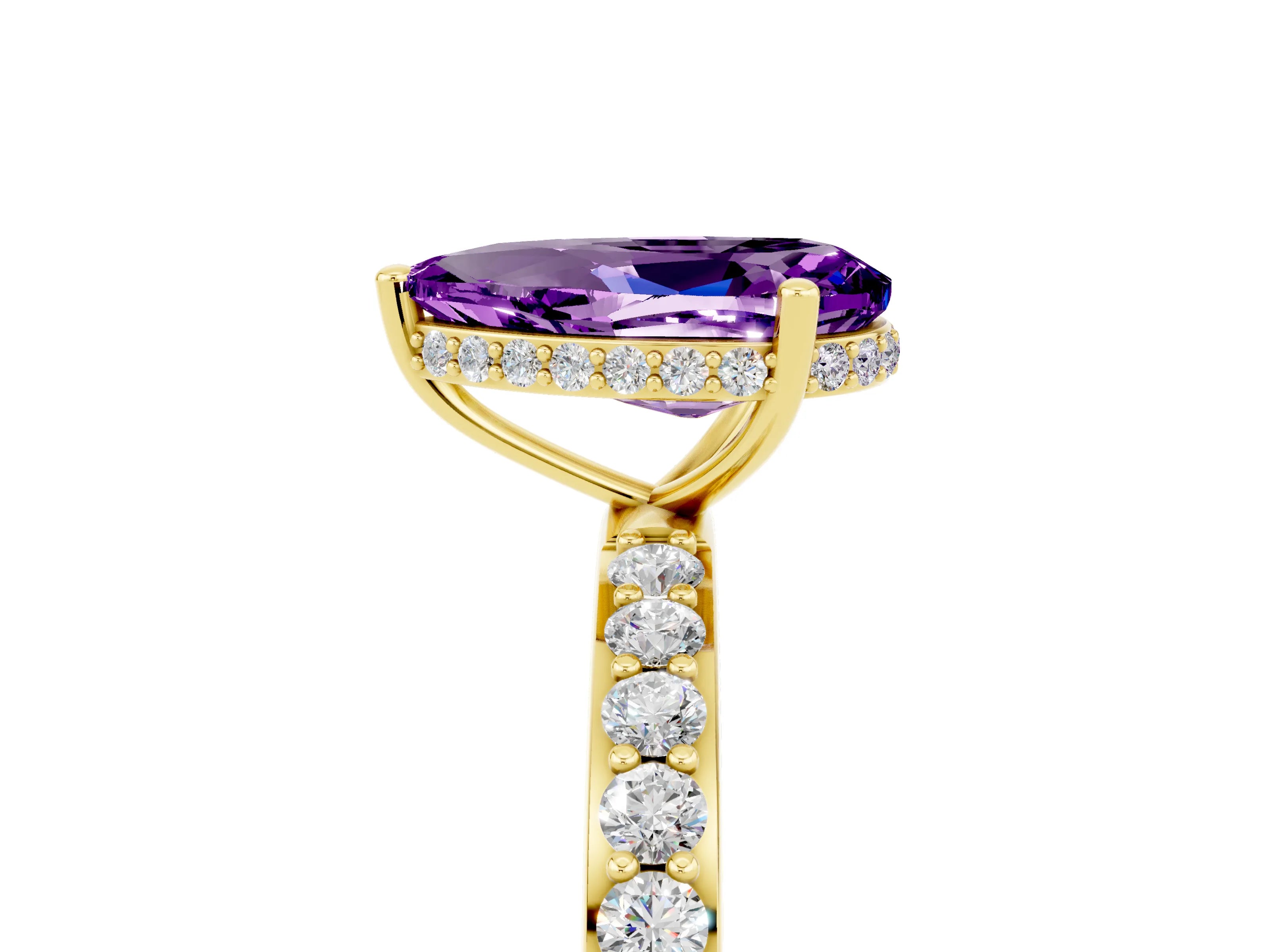 Yellow gold Pear Cut Amethyst Solitaire Ring with Pavé Band and Hidden Halo_17