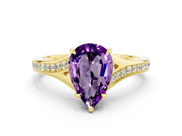 Yellow gold Pear Cut Amethyst Solitaire Ring with Pavé Band and Prong Setting