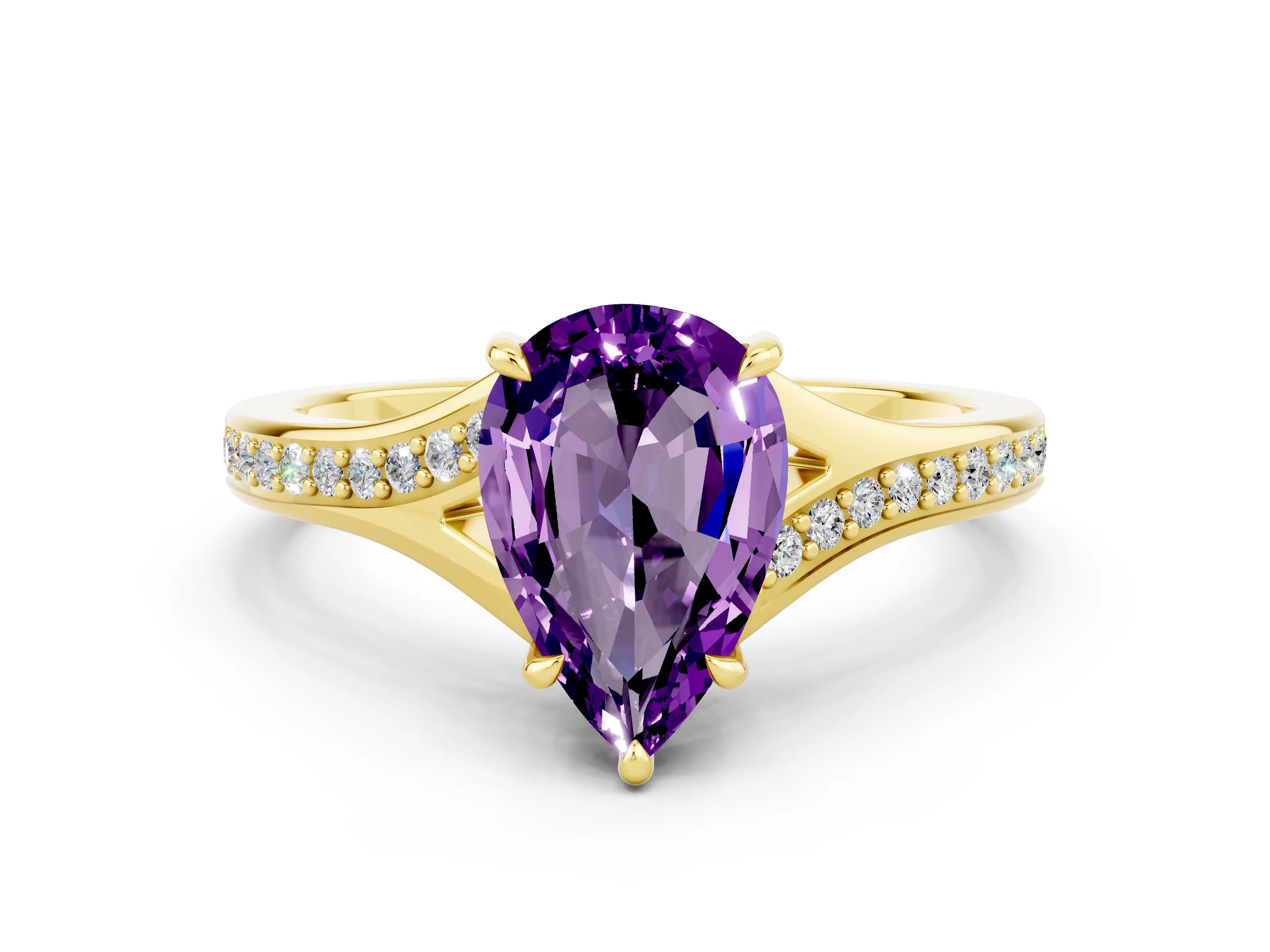 Yellow gold Pear Cut Amethyst Solitaire Ring with Pavé Band and Prong Setting_12