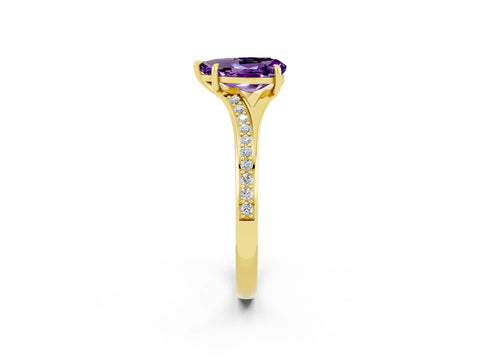 Yellow gold Pear Cut Amethyst Solitaire Ring with Pavé Band and Prong Setting_14