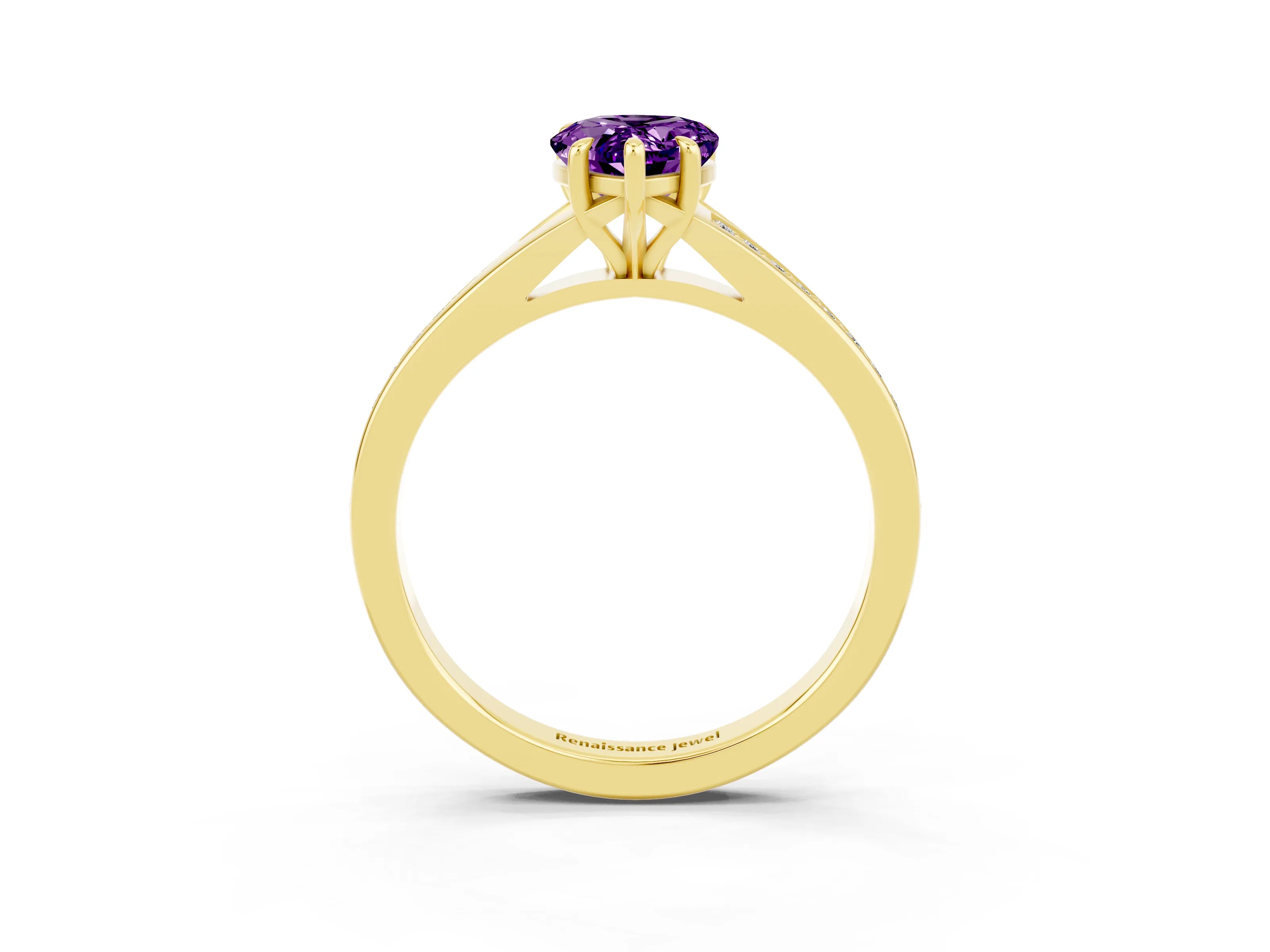 Yellow gold Pear Cut Amethyst Solitaire Ring with Pavé Band and Prong Setting_15
