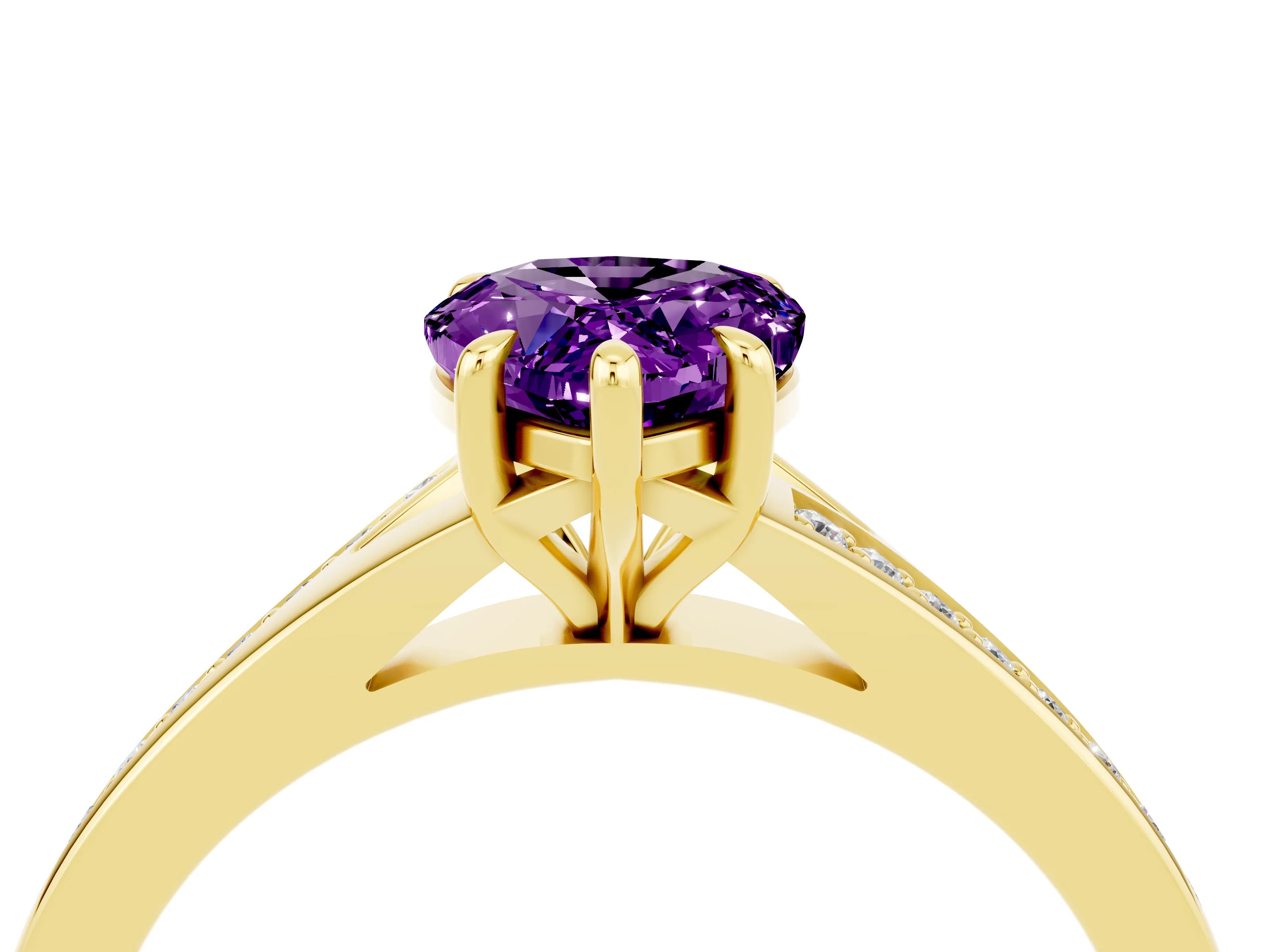 Yellow gold Pear Cut Amethyst Solitaire Ring with Pavé Band and Prong Setting_16