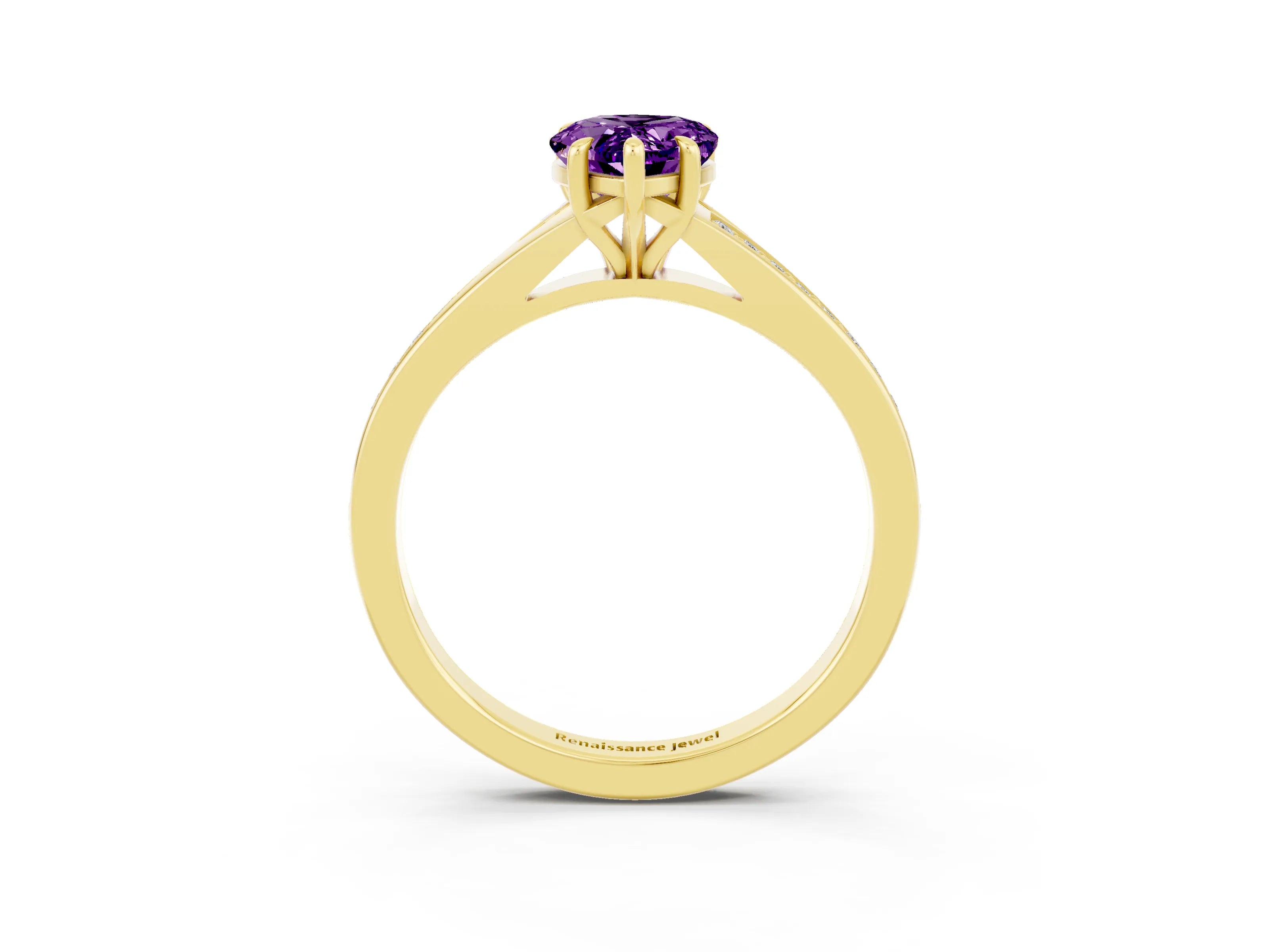 Yellow gold Pear Cut Amethyst Solitaire Ring with Pavé Band and Prong Setting_3