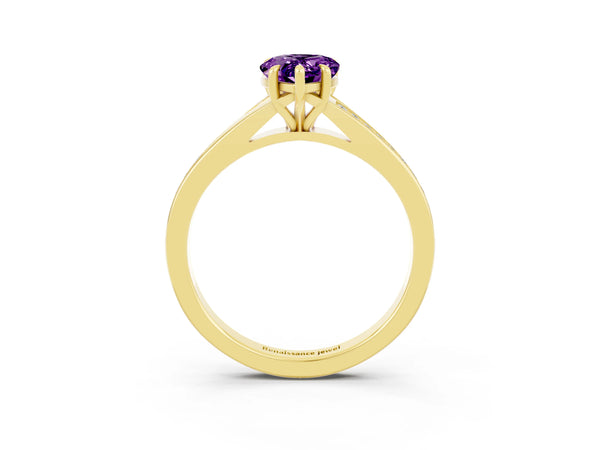Yellow gold Pear Cut Amethyst Solitaire Ring with Pavé Band and Prong Setting