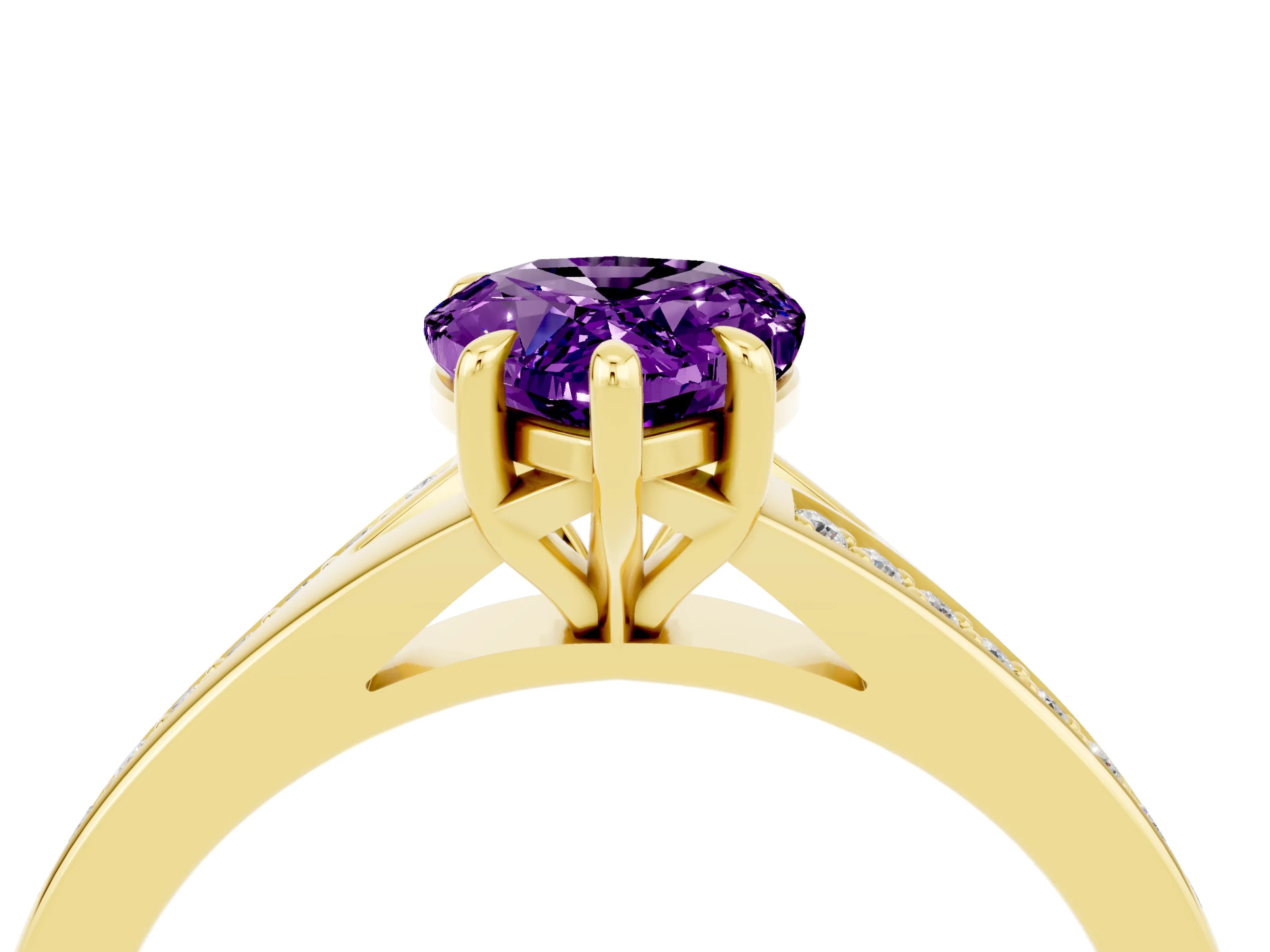 Yellow gold Pear Cut Amethyst Solitaire Ring with Pavé Band and Prong Setting_4