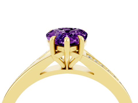 Yellow gold Pear Cut Amethyst Solitaire Ring with Pavé Band and Prong Setting_4