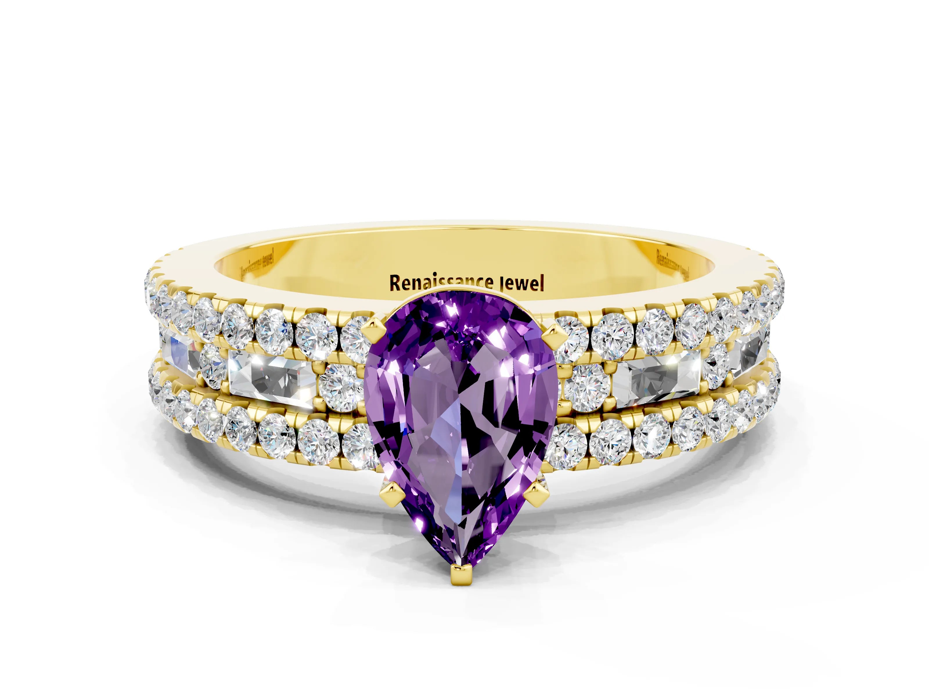 Yellow gold Pear Cut Amethyst Solitaire Ring with Pavé and Channel Set Band
