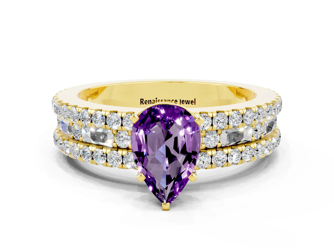 Yellow gold Pear Cut Amethyst Solitaire Ring with Pavé and Channel Set Band
