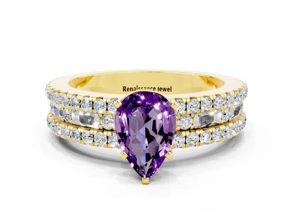 Yellow gold Pear Cut Amethyst Solitaire Ring with Pavé and Channel Set Band