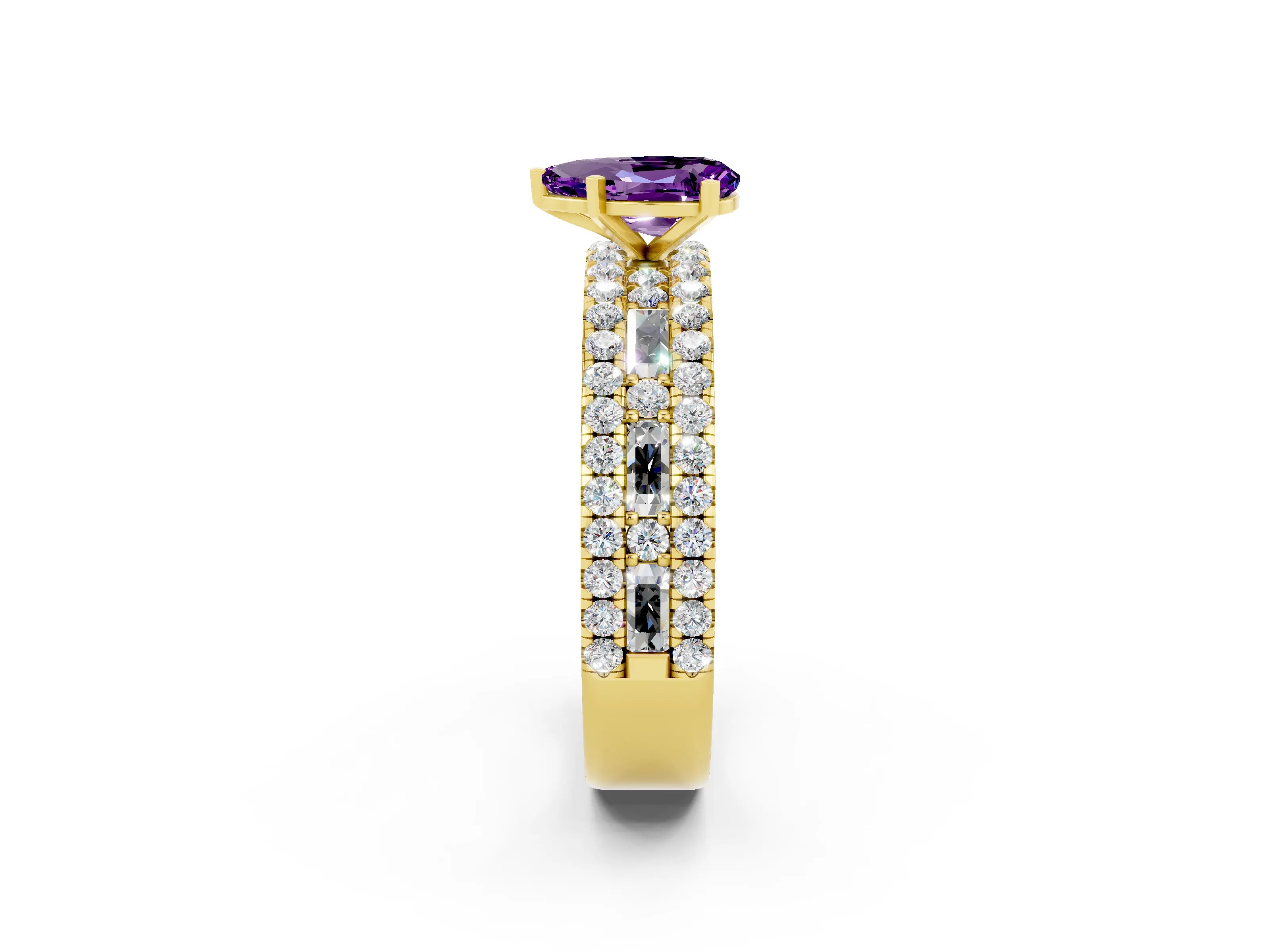 Yellow gold Pear Cut Amethyst Solitaire Ring with Pavé and Channel Set Band_2