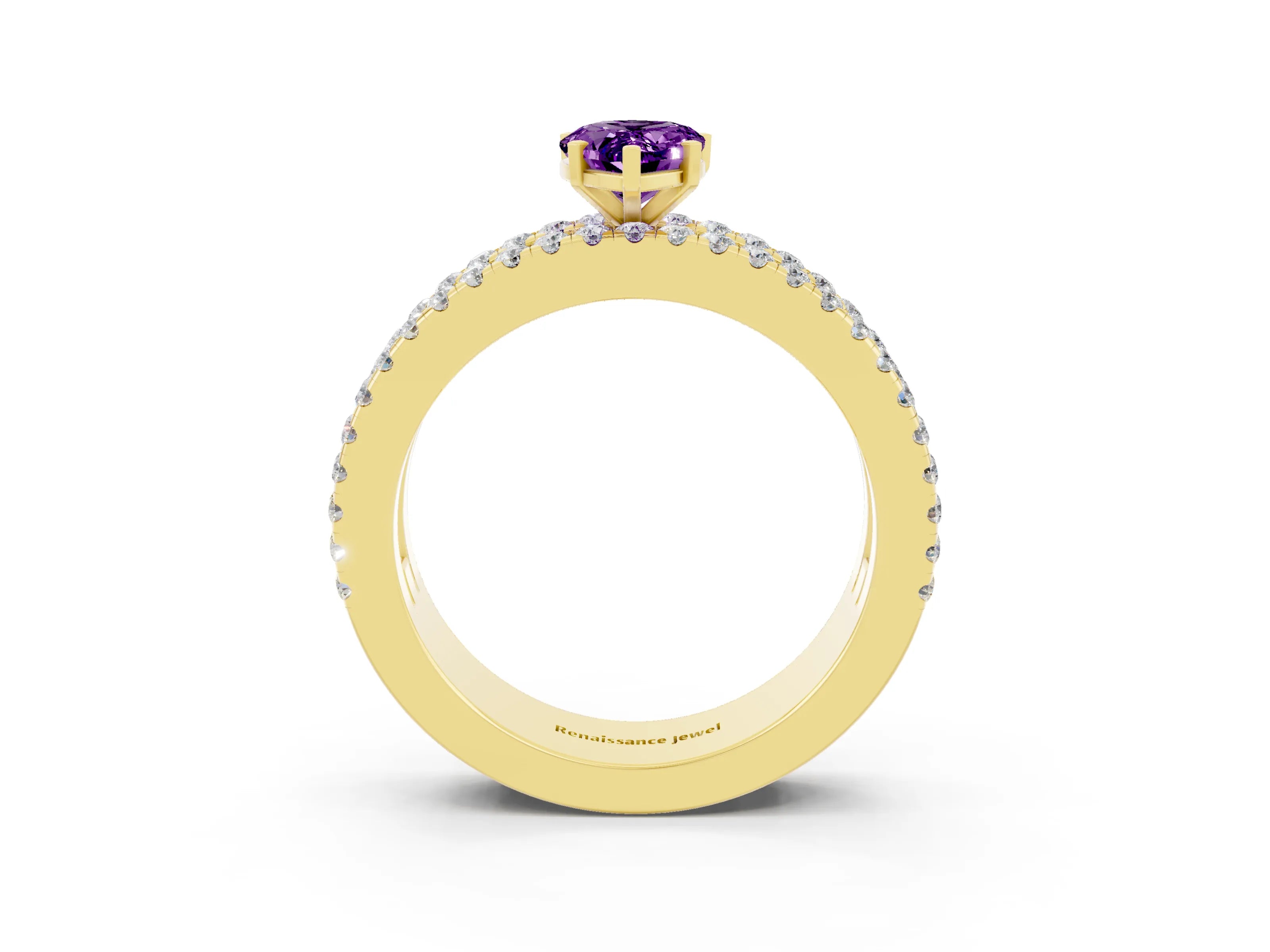 Yellow gold Pear Cut Amethyst Solitaire Ring with Pavé and Channel Set Band_3