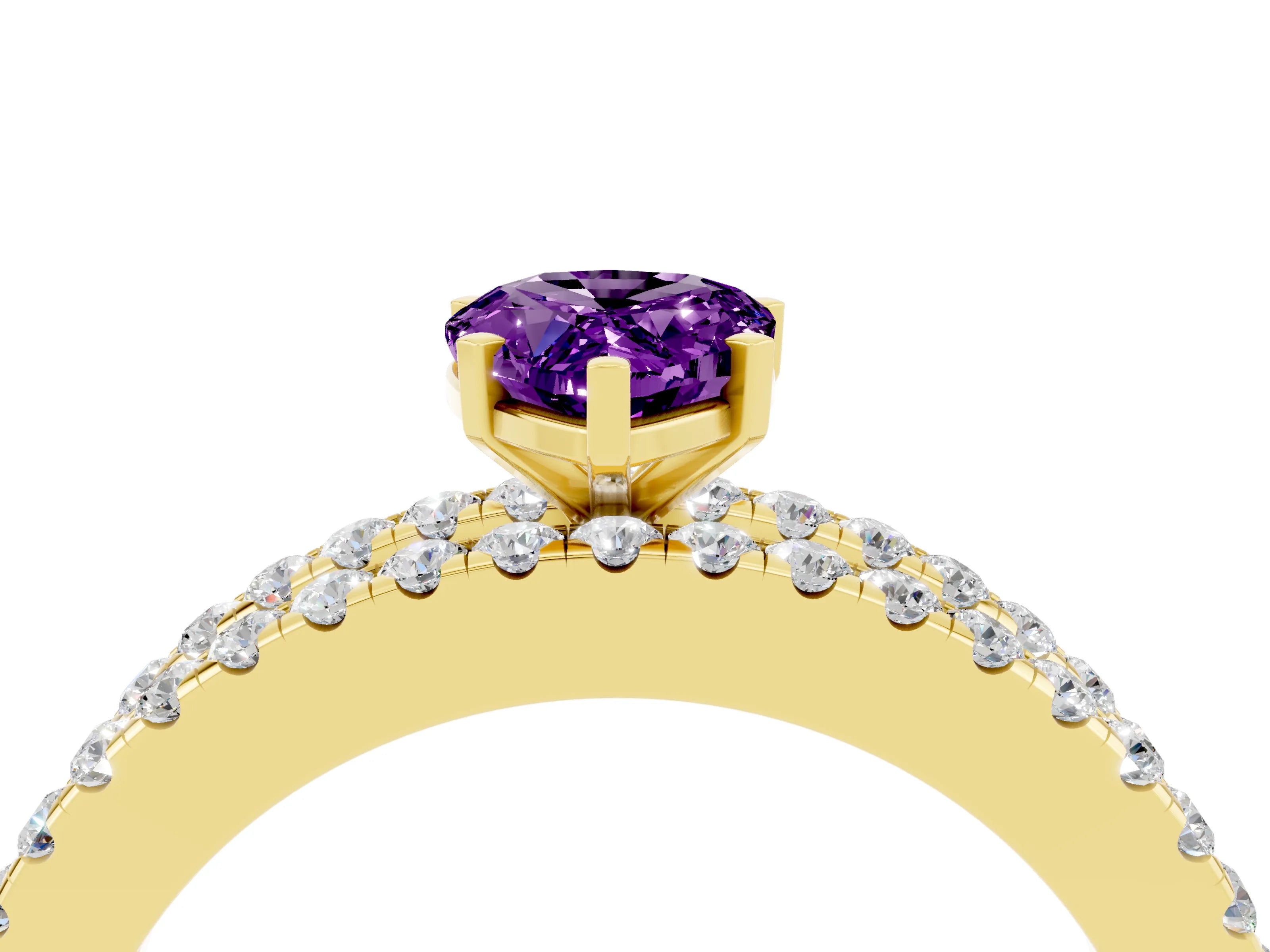 Yellow gold Pear Cut Amethyst Solitaire Ring with Pavé and Channel Set Band_4