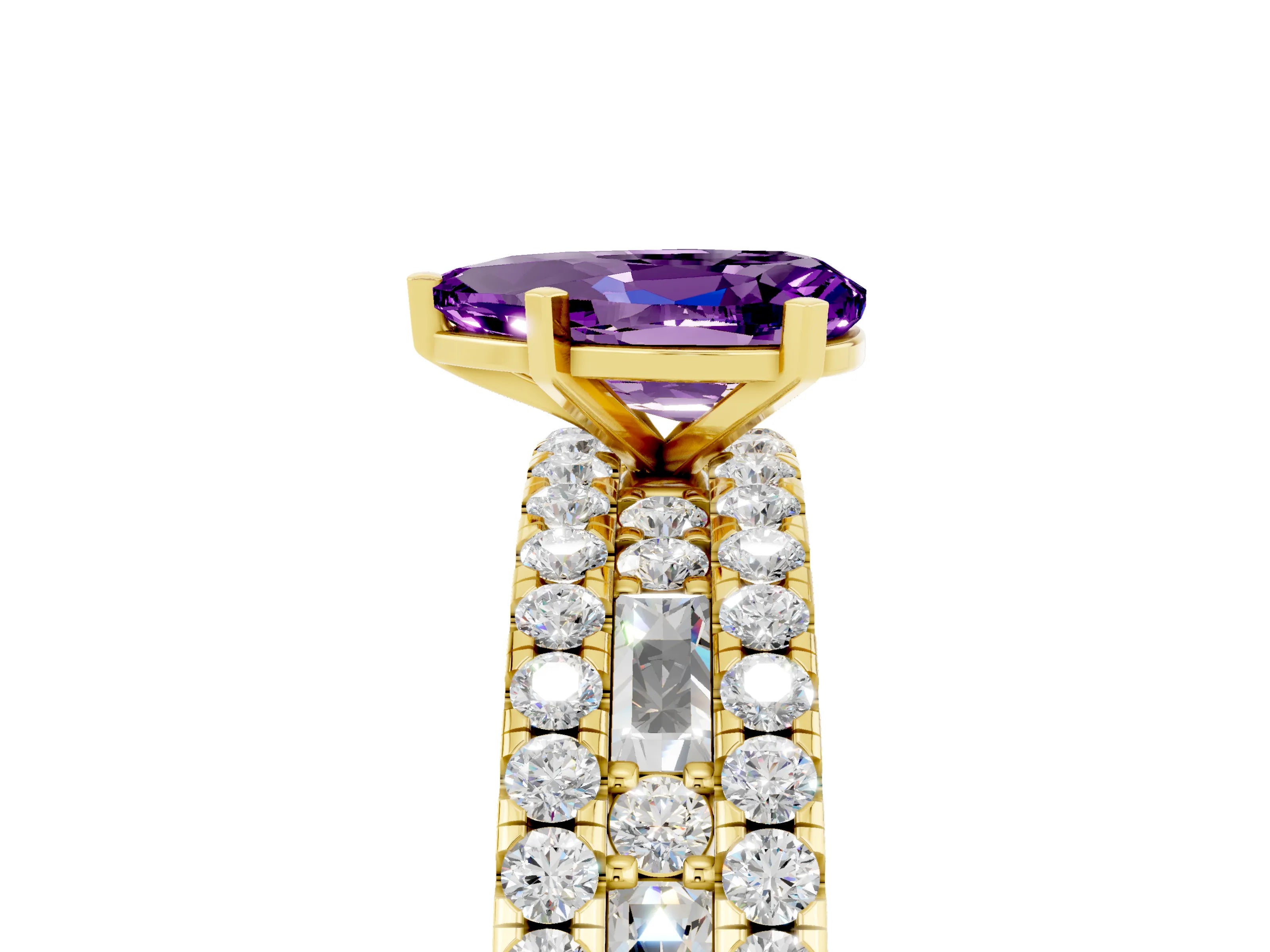 Yellow gold Pear Cut Amethyst Solitaire Ring with Pavé and Channel Set Band_5
