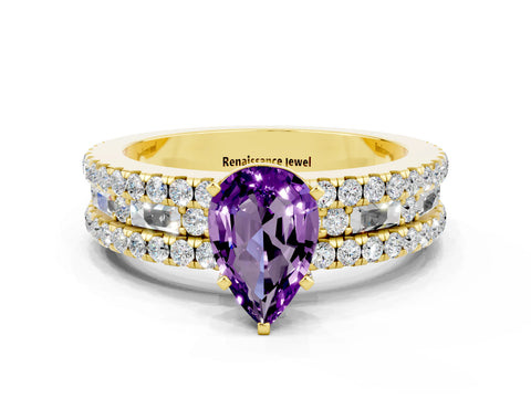 Yellow gold Pear Cut Amethyst Solitaire Ring with Pavé and Channel Set Band