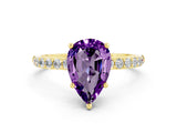 Yellow gold Pear Cut Amethyst Solitaire Ring with Pave Band and Four Prong Setting_12