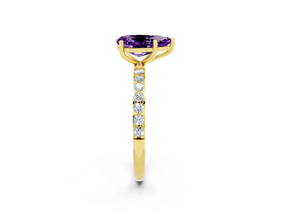 Yellow gold Pear Cut Amethyst Solitaire Ring with Round  Pavé Band and Prong Setting