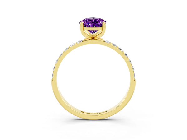 Yellow gold Pear Cut Amethyst Solitaire Ring with Round  Pavé Band and Prong Setting
