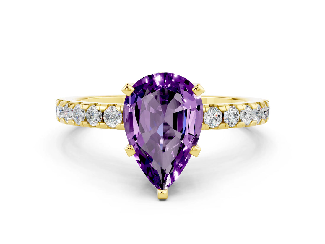 Yellow gold Pear Cut Amethyst Solitaire Ring with Round  Pavé Band and Four-Prong Setting_36
