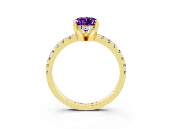 Yellow Gold Pear-Shaped Amethyst Hidden Halo Engagement Ring with Pave Band