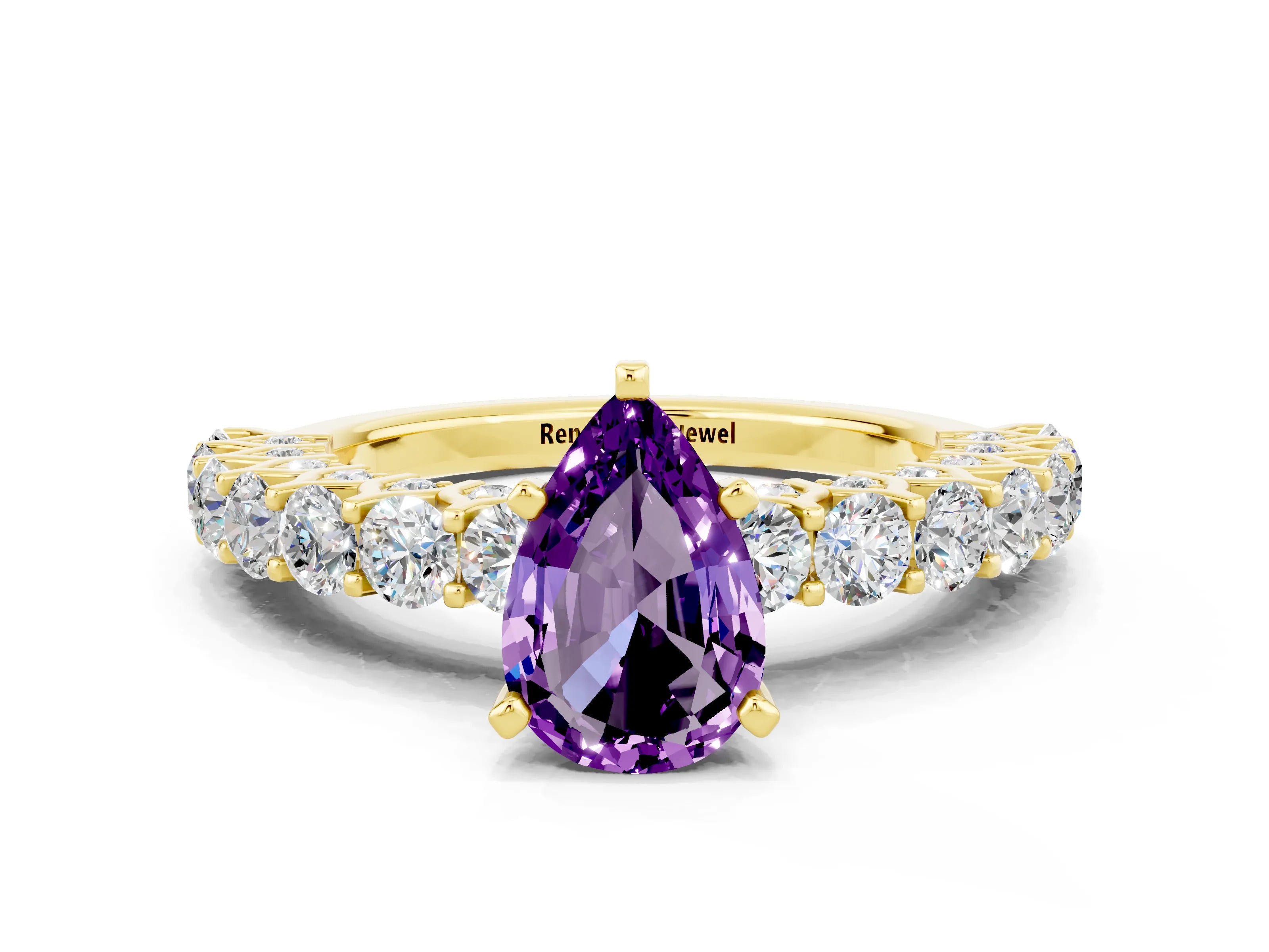 Yellow gold Pear Cut Amethyst Solitaire Ring with Shared Prong Pavé Band and Four-Prong Setting
