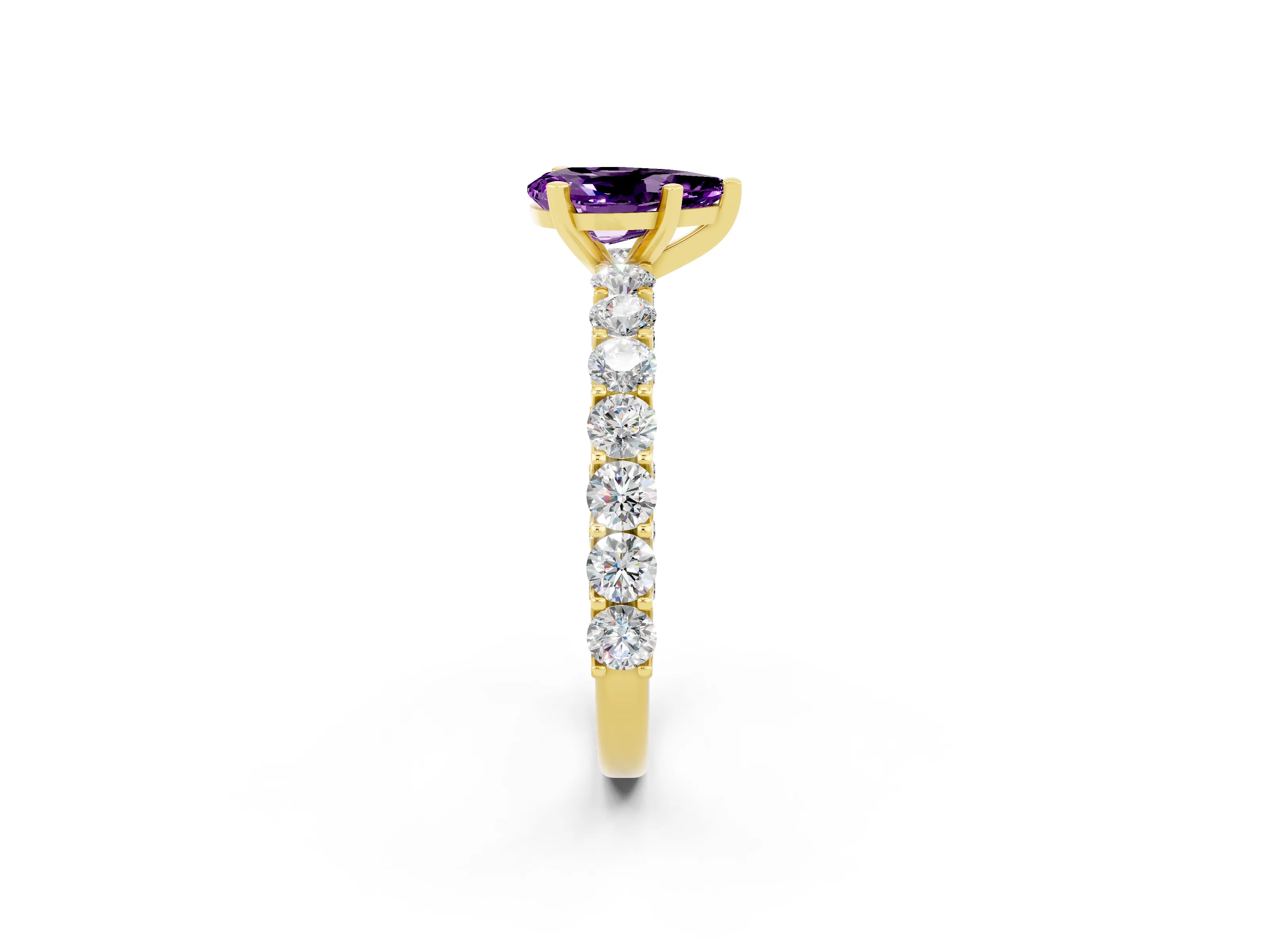 Yellow gold Pear Cut Amethyst Solitaire Ring with Shared Prong Pavé Band and Four-Prong Setting_2
