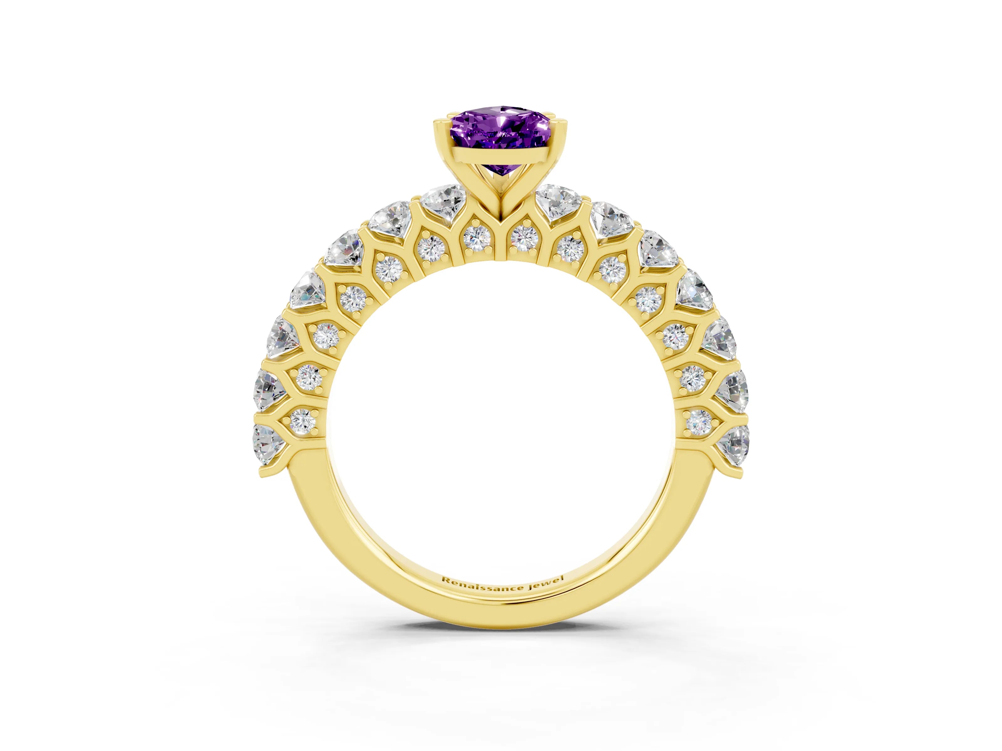Yellow gold Pear Cut Amethyst Solitaire Ring with Shared Prong Pavé Band and Four-Prong Setting_3