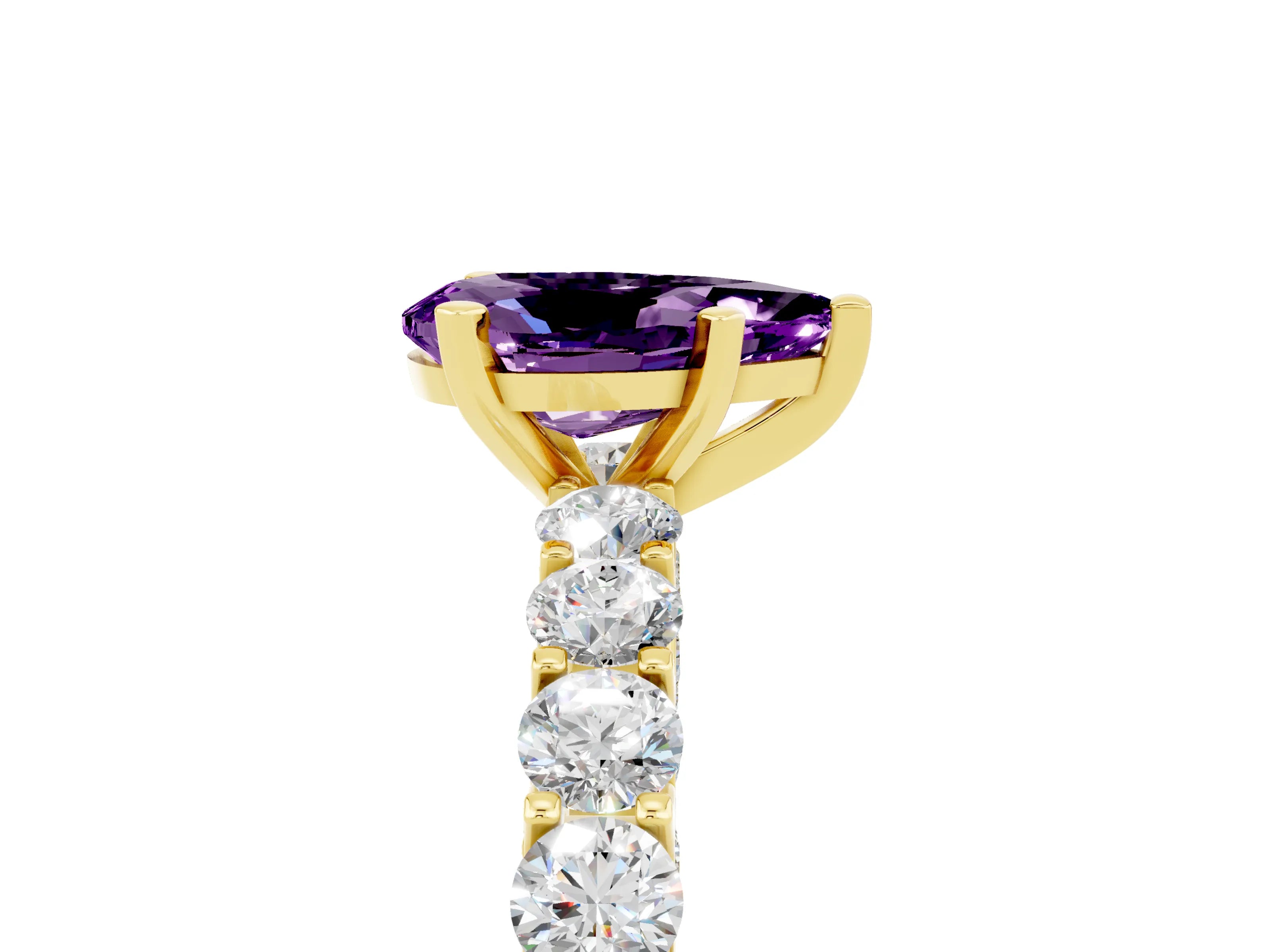 Yellow gold Pear Cut Amethyst Solitaire Ring with Shared Prong Pavé Band and Four-Prong Setting_5