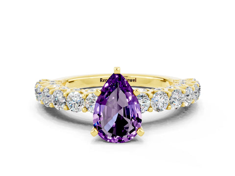Yellow gold Pear Cut Amethyst Solitaire Ring with Shared Prong Pavé Band and Four-Prong Setting