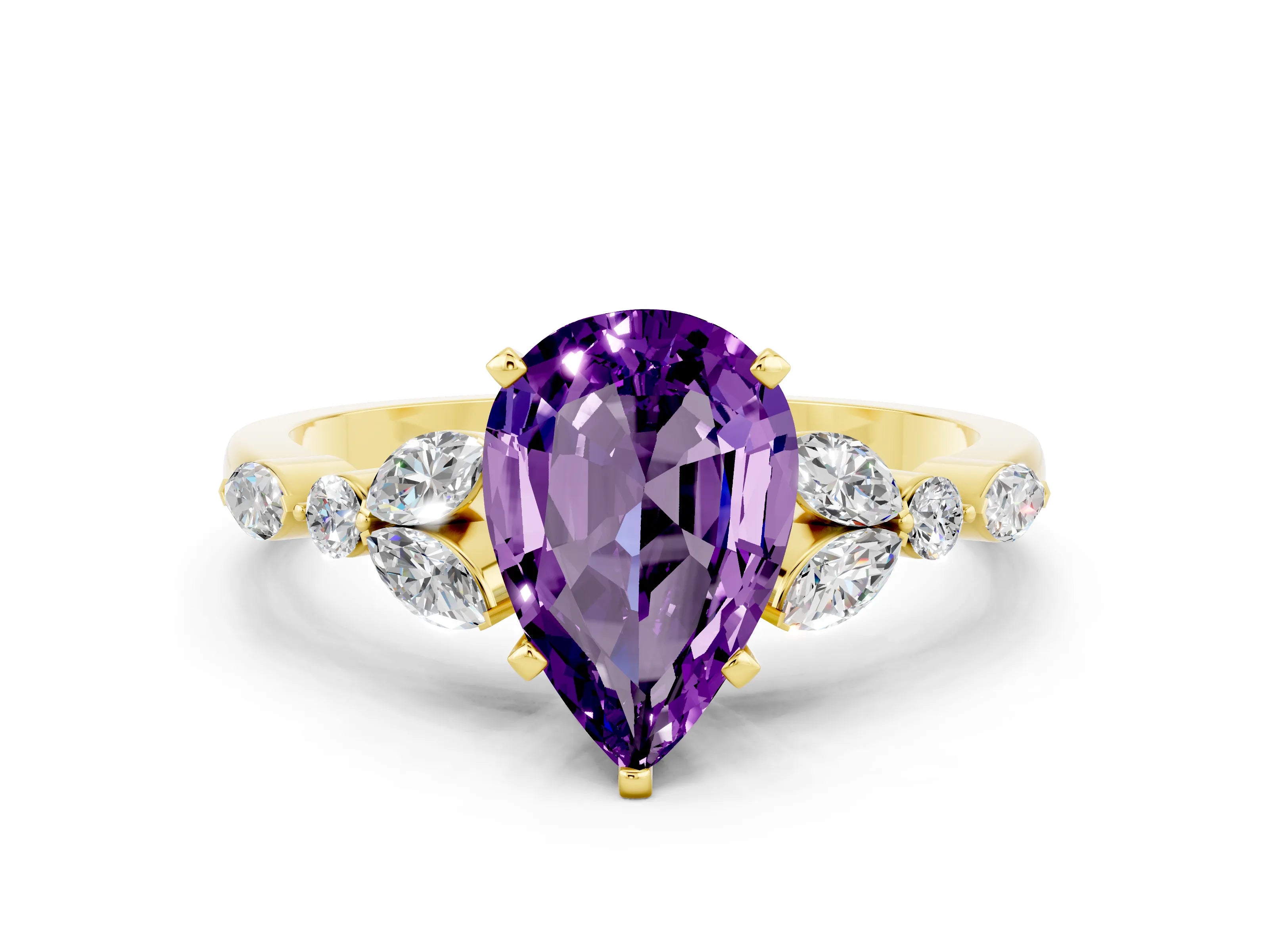 Yellow gold Pear Cut Amethyst Solitaire Ring with Side Stones and Four-Prong Setting_12
