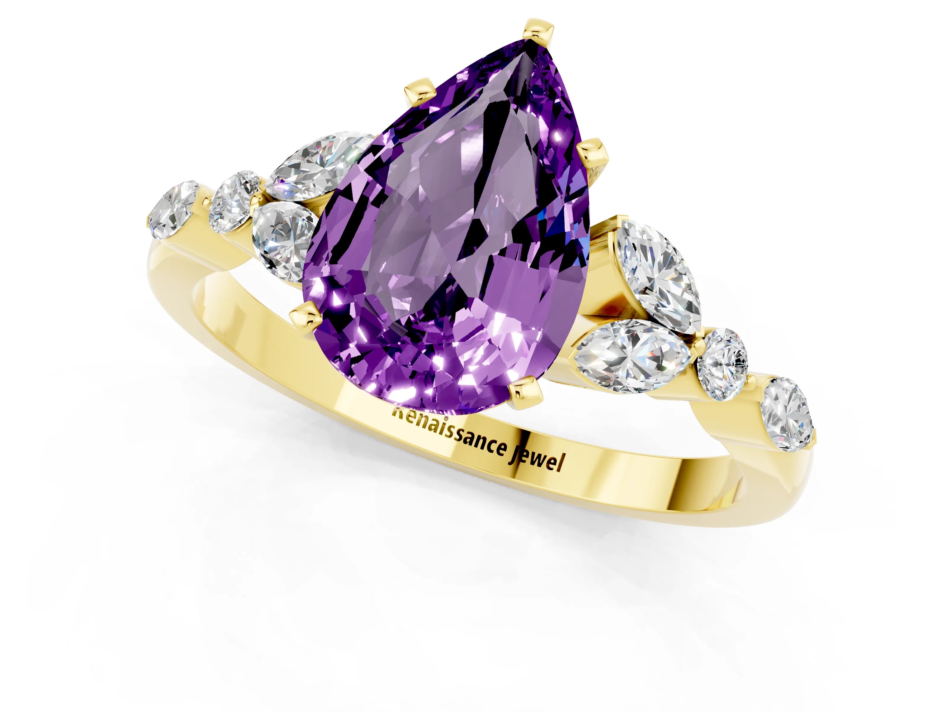 Yellow gold Pear Cut Amethyst Solitaire Ring with Side Stones and Four-Prong Setting_13
