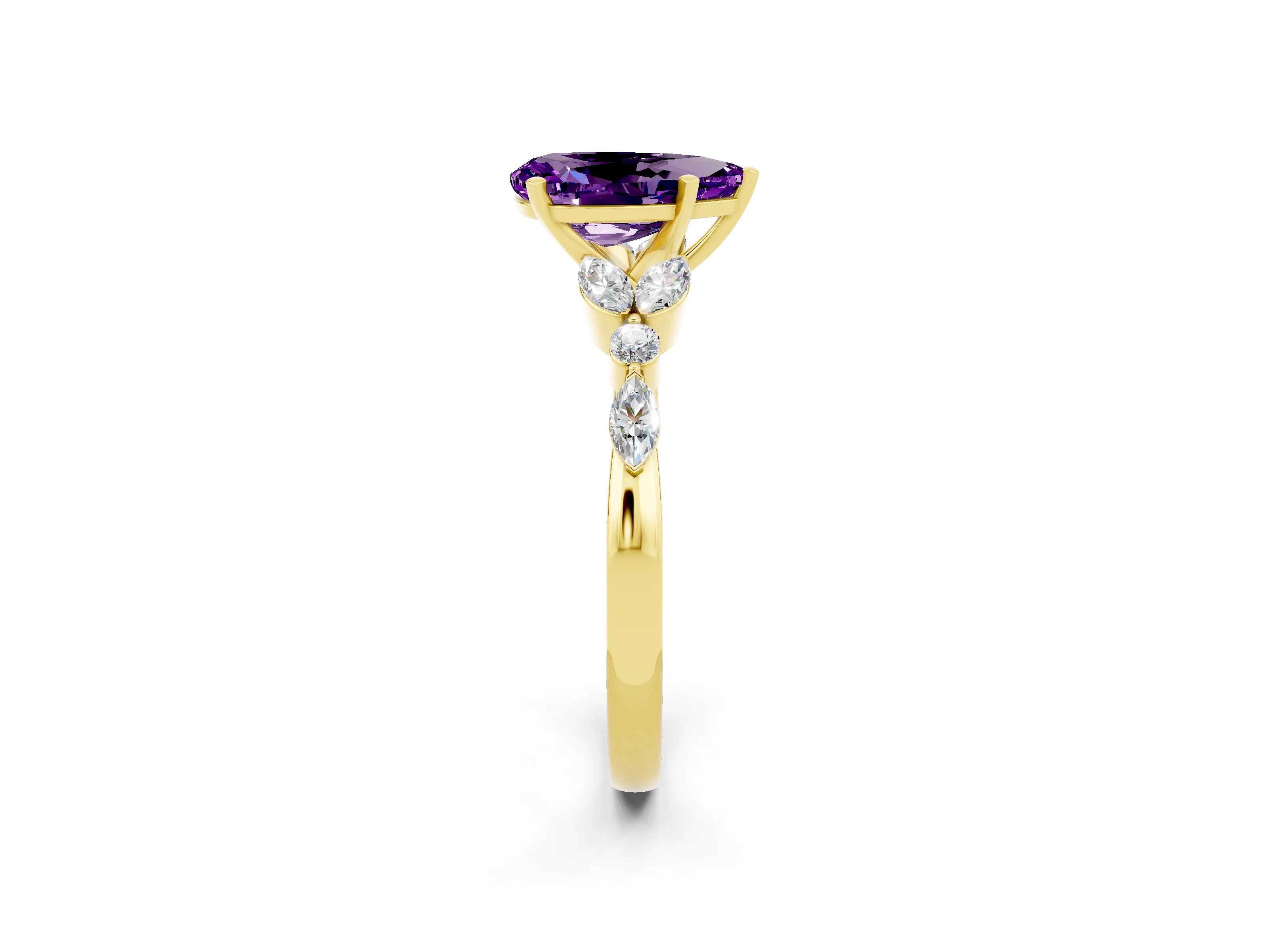 Yellow gold Pear Cut Amethyst Solitaire Ring with Side Stones and Four-Prong Setting_14