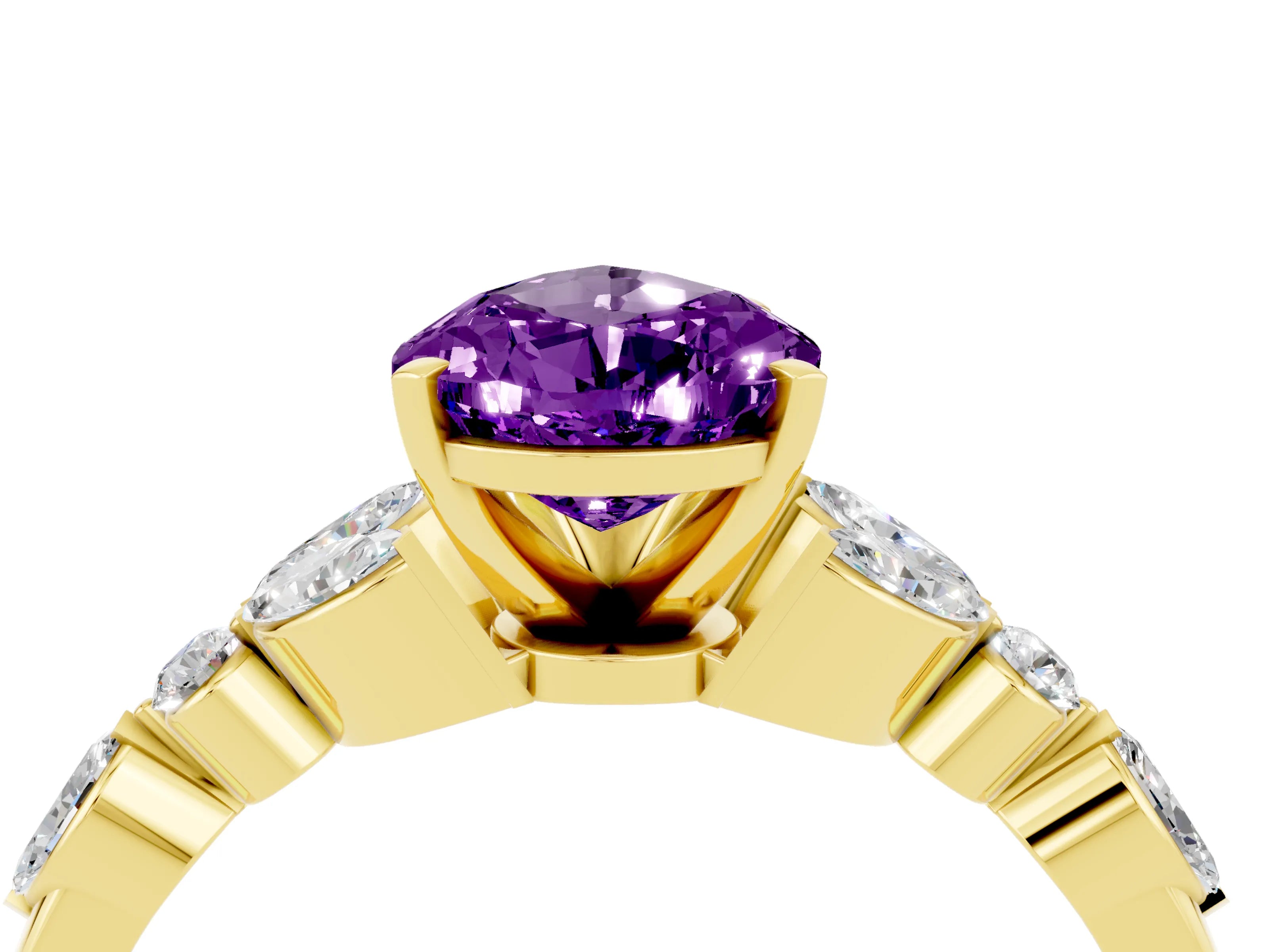 Yellow gold Pear Cut Amethyst Solitaire Ring with Side Stones and Four-Prong Setting_16