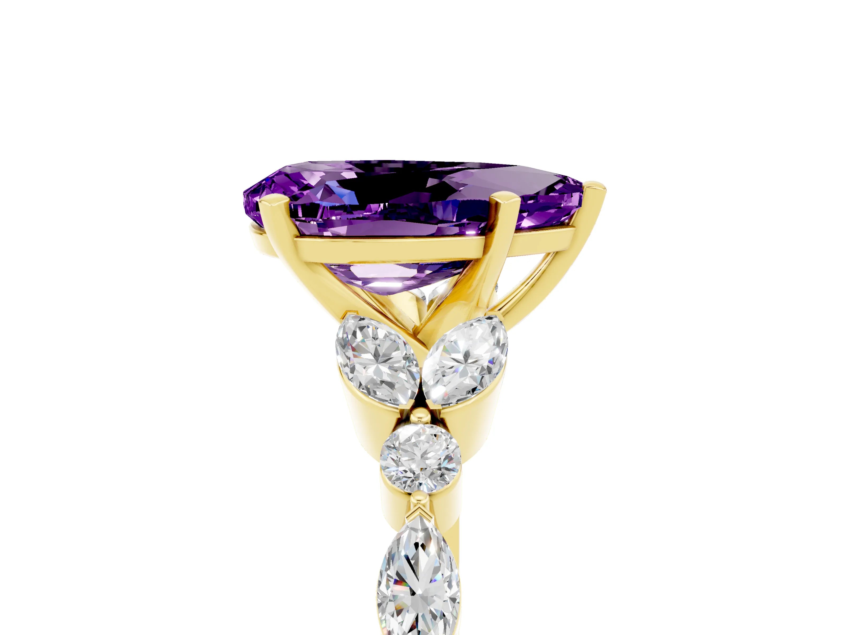 Yellow gold Pear Cut Amethyst Solitaire Ring with Side Stones and Four-Prong Setting_17