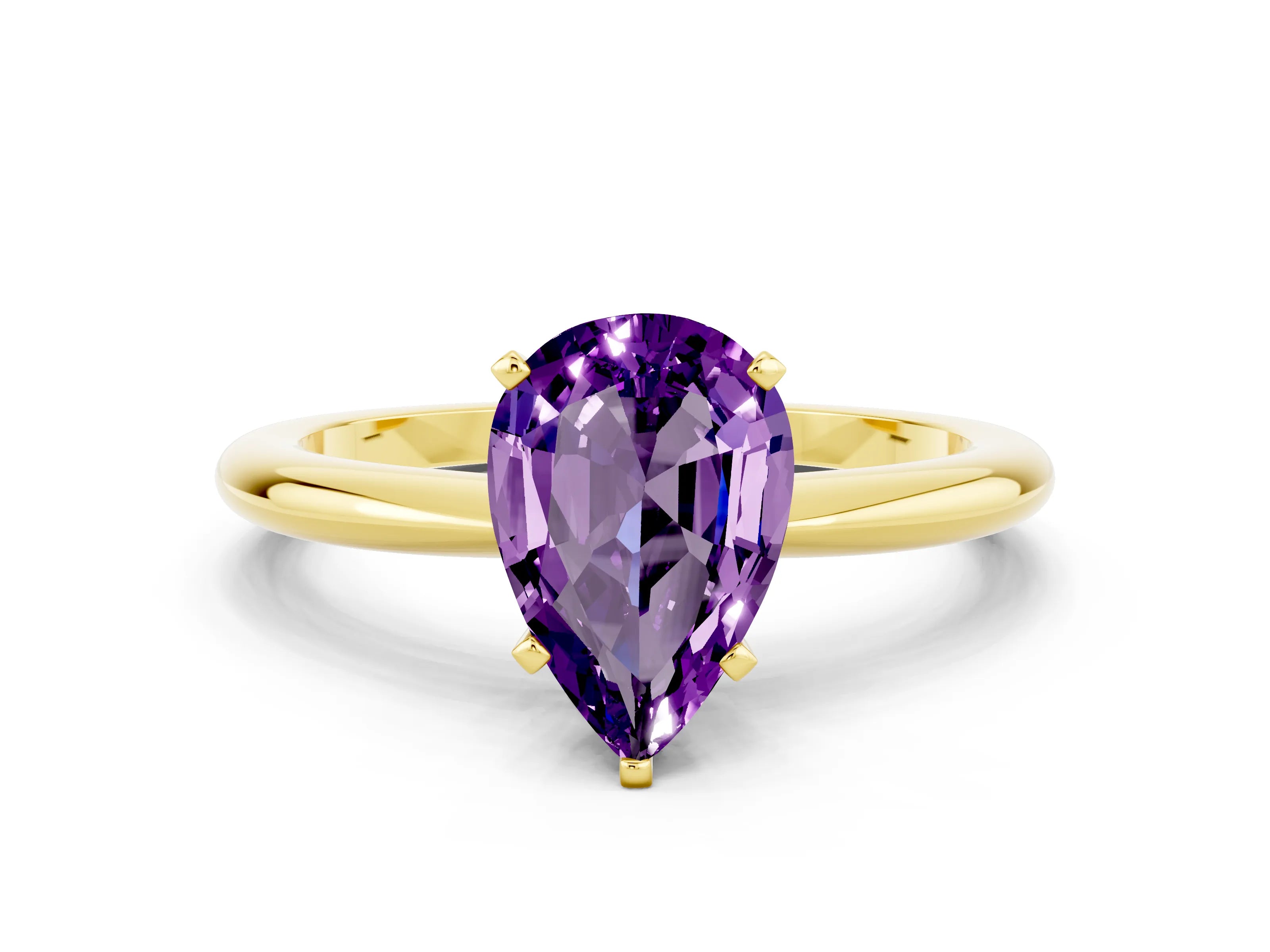 Yellow gold Pear Cut Amethyst Solitaire Ring with Six-Prong Setting and Classic Band