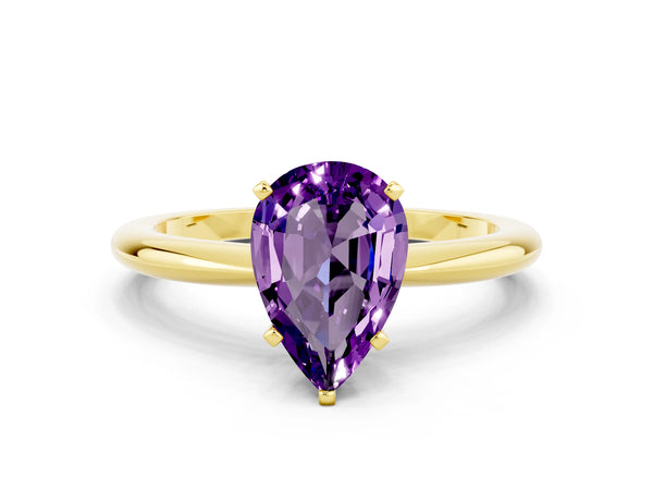 Yellow gold Pear Cut Amethyst Solitaire Ring with Six-Prong Setting and Classic Band