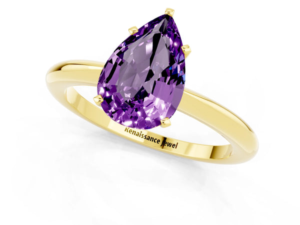 Yellow gold Pear Cut Amethyst Solitaire Ring with Six-Prong Setting and Classic Band