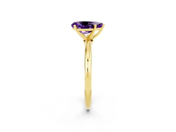 Yellow gold Pear Cut Amethyst Solitaire Ring with Six-Prong Setting and Classic Band