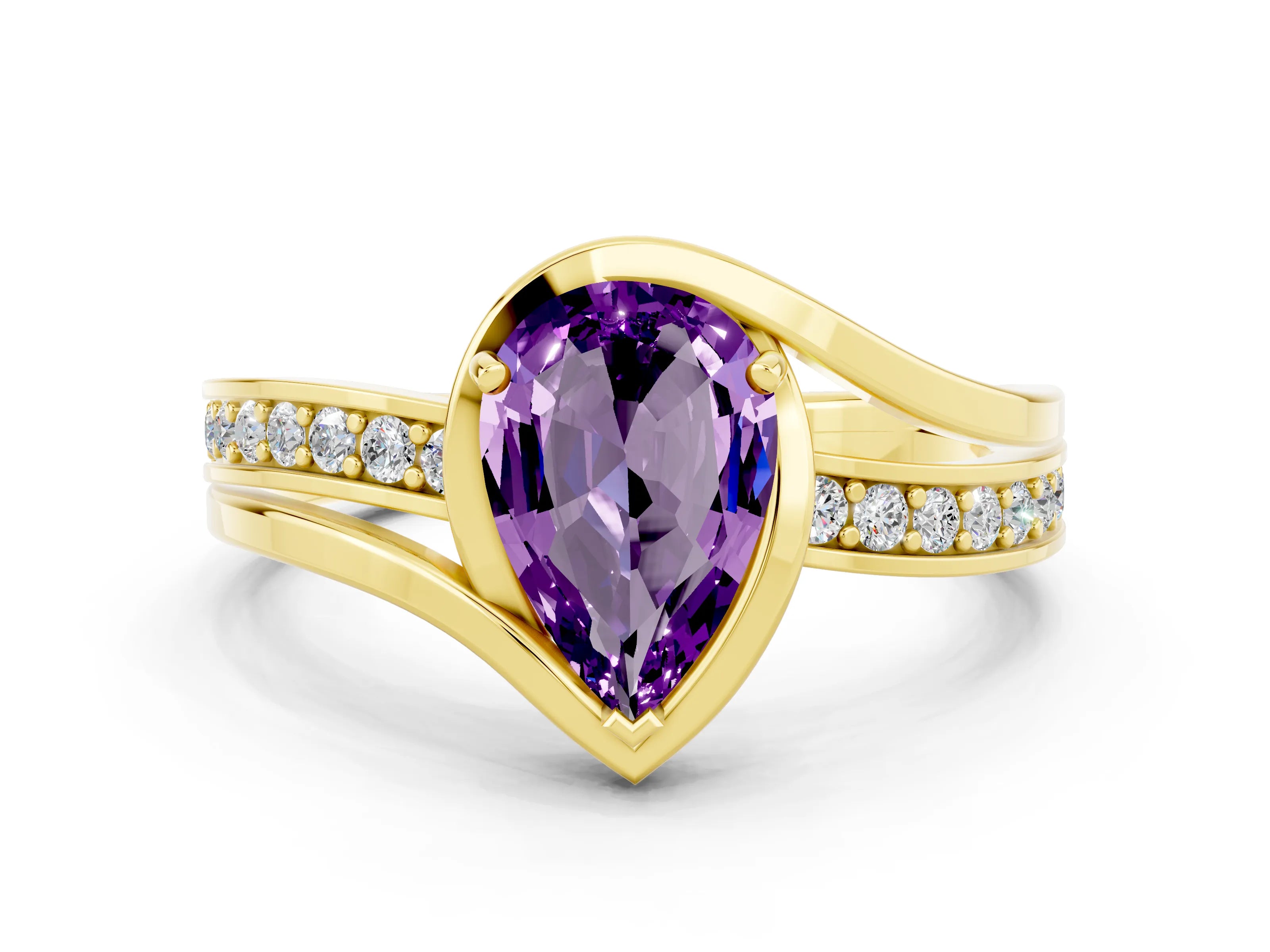 Yellow gold Pear Cut Amethyst Solitaire Ring with Split Shank and Prong Setting