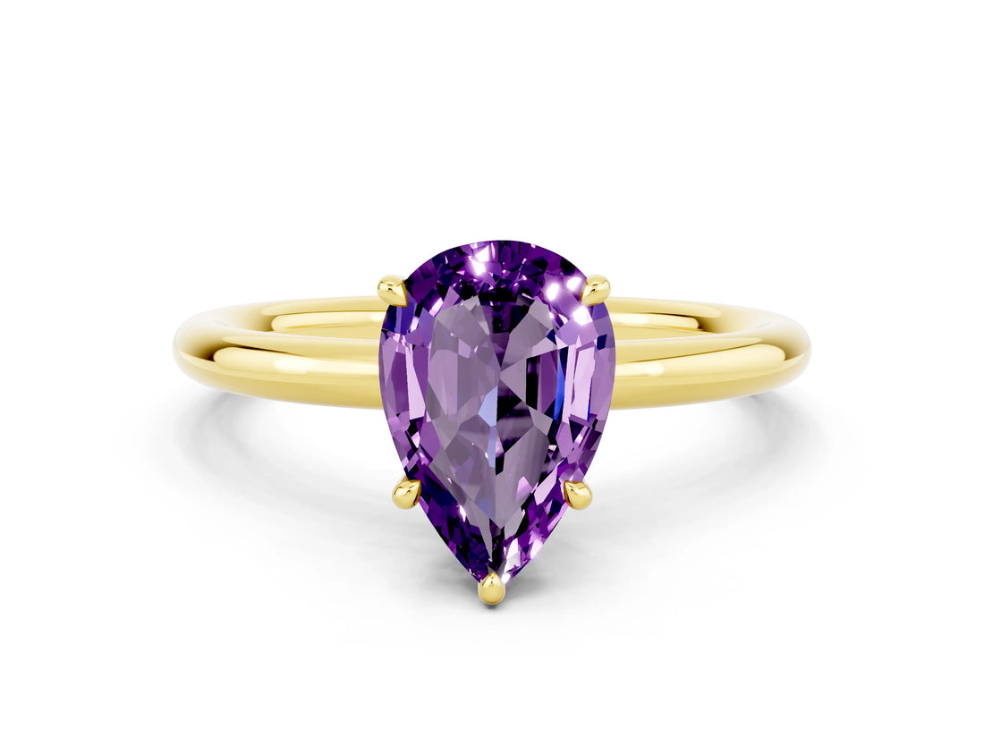 Yellow gold Pear Cut Amethyst Solitaire Ring with Thin Band and Four-Prong Setting_12